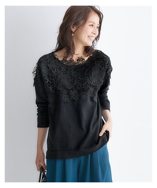 ニット セーター レディース 衿もとアンティーク レース 重ね着風レイヤード Hana服 S/M/L ニッセン nissen 衿もとアンティークレース重ね着風レイヤードニット＜大きい