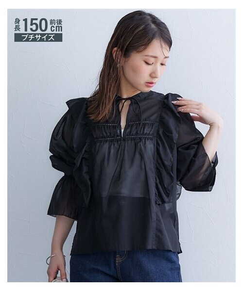 nissen（ニッセン）の「小さいサイズ　綿100%フリルギャザーブラウス　低身長さん・小柄女性（シャツ/ブラウス・レディース・カーキ/ブラック・P1/P2）」の3枚目の写真