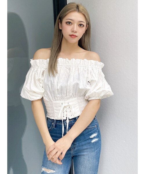 GYDA(ジェイダ)の「2WAYギャザーオフショルコルセットブラウス(シャツ/ブラウス・レディース・オフホワイト/ベージュ/ミックス・F)」の2枚目の写真