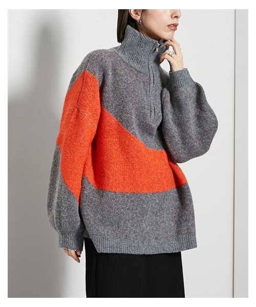 nissen（ニッセン）の「ハーフジップアップ配色ニュアンスデザインニットトップス ［Soiunique］（ニット/セーター・レディース・杢グレー×オレンジ/ネイビー×ライト杢グレー・1(M-L)/2(L-LL)）」の7枚目の写真