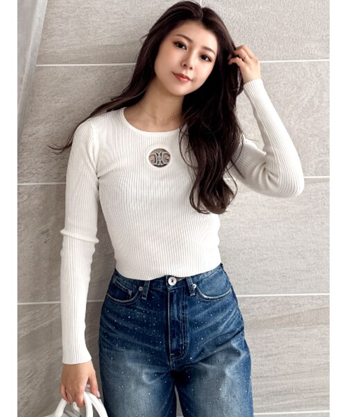 GYDA（ジェイダ）の「Symmetry GYDA MOLDクルーネックニットトップス（ニット/セーター・レディース・ライトグレー/アイスブルー/オフホワイト/ブラック/スカイブルー・F）」の8枚目の写真