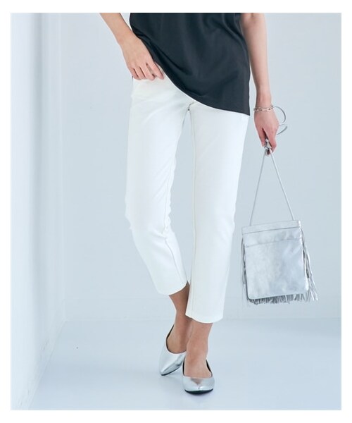 nissen（ニッセン）の「２ＷＡＹストレッチひんやりカットソークロップドパンツ（ゆったり太もも）（接触冷感・UVカット・吸汗速乾）＜大きいサイズ有＞（スウェットパンツ・レディース・ライムグリーン/ラベンダー/濃紺/黒系ギンガムチェック/黒/アンティークパープル/オリーブカーキ/モカベージュ/オフホワイト/ロイヤルオレンジ/ロイヤルブルー/プラム・L/LL/3L/4L/5L/6L/8L/10L/S/M）」の13枚目の写真