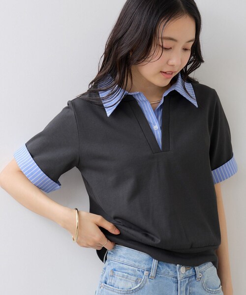 VIS(ビス)の「ICE BEAUTY ドッキング衿ハーフスリーブプルオーバー/UVケア・接触冷感・汗染み防止(Tシャツ/カットソー・レディース・チャコール/ライトグレー/オフホワイト・F)」の8枚目の写真