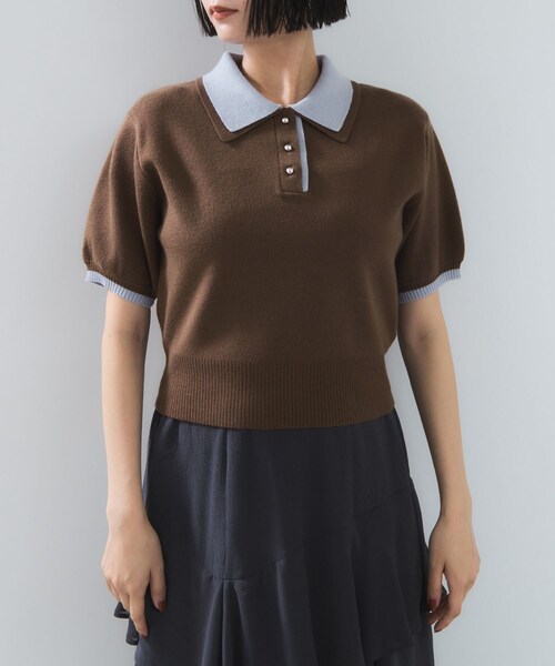 VIS（ビス）の「ダブルカラーポロトップス（ポロシャツ・レディース・チャコール/キナリ/ブラウン・F）」の17枚目の写真