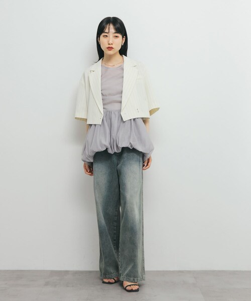 KBF（ケイビーエフ）の「ストライプショートジャケット（テーラードジャケット・レディース・IVORY/CHARCOAL・one）」の8枚目の写真