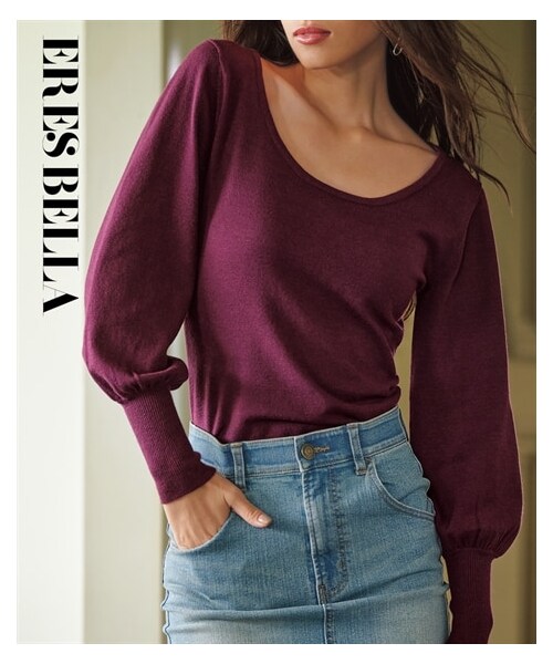 nissen（ニッセン）の「Uネックニットプルオーバー【ERES BELLA】（ニット/セーター・レディース・モカ/パープル・M/L/LL/3L）」の3枚目の写真