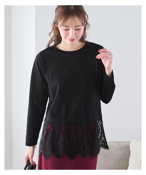 nissen（ニッセン）の「＜大きいサイズ＞裾レースプルオーバー（Tシャツ/カットソー・レディース・オフホワイト/黒・L/LL/3L/4L/5L/6L/8L/10L）」の2枚目の写真