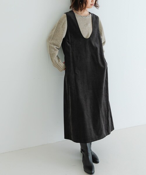 Uネックコーデュロイジャンパーワンピース