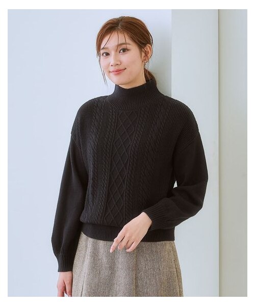 nissen（ニッセン）の「フロントケーブル編みハイネックニット（毛玉に