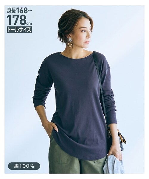 nissen（ニッセン）の「高身長　綿１００％ラウンドヘムロング丈Ｔシャツ　（トールサイズ）（Tシャツ/カットソー・レディース・オフホワイト/黒/サンドベージュ/オーキッドパープル/ティーグリーン/チャコールネイビー/キャラメルモカ/ネイビー/杢グレー/クラウドブルー/スモーキーグリーン/ワイン/グレイッシュカーキ・MTT/LTT/LLTT/3LTT/4LTT/5LTT）」の12枚目の写真