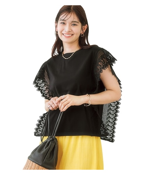 nissen（ニッセン）の「袖レースカットソートップス（Tシャツ/カットソー・レディース・オフホワイト/黒・S/M/L/LL）」の2枚目の写真