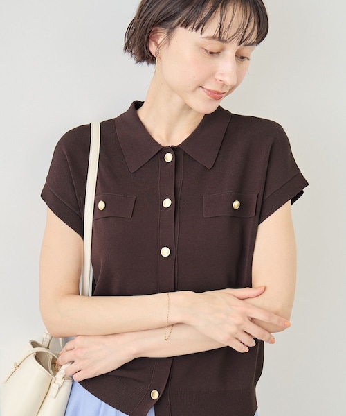 ROPE' PICNIC(ロペピクニック)の「八方映えニット 金ボタンフレンチスリーブポロカラーカーディガン/UVカット・接触冷感・イージーケア(カーディガン/ボレロ・レディース・ブラック/オフホワイト/ブラウン/サックス/ラベンダー・F)」の21枚目の写真
