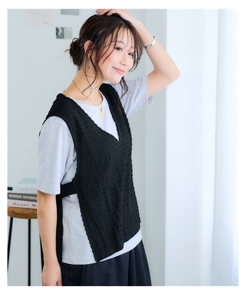 nissen（ニッセン）の「2点セット（ポコポコ素材ベスト＋Tシャツ）＜大きいサイズ有＞（ベスト・レディース・ピスタチオ+オフホワイト/グレー+チャコールグレー/黒+杢グレー・S/M/L/LL/3L）」の19枚目の写真