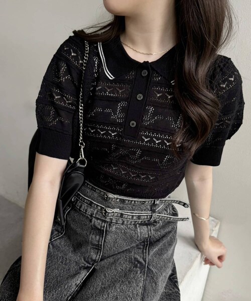 one after another NICE CLAUP（ワンアフターアナザーナイスクラップ）の「リボンジャガードポロニット（ニット/セーター・レディース・オフホワイト/ピンク/ブラック・FREE）」の2枚目の写真