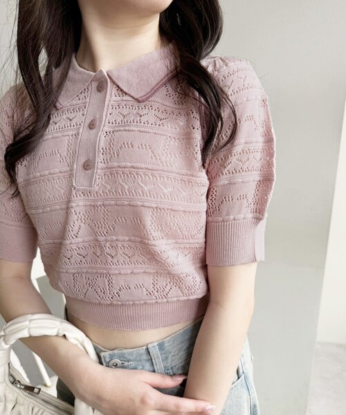 one after another NICE CLAUP（ワンアフターアナザーナイスクラップ）の「リボンジャガードポロニット（ニット/セーター・レディース・オフホワイト/ピンク/ブラック・FREE）」の3枚目の写真