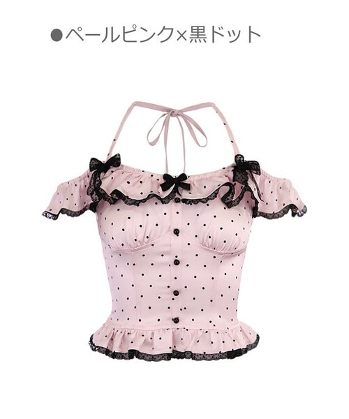 Bobon21（ボボンニジュウイチ）の「ドット柄ホルターネックオフショルダー-全２色-（シャツ/ブラウス・レディース・ホワイト/ピンク・S/M/L）」の2枚目の写真