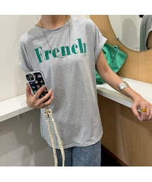 copine | ロールアップフレンチスリーブロゴTシャツ(グレー)(Tシャツ/カットソー)