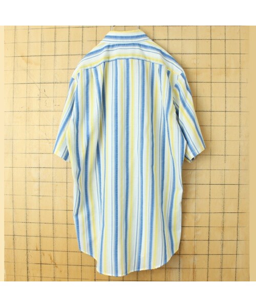 J.C.PENNEY（ジェーシーペニー）の「70s 80s USA JCPenney 半袖 ライトフランネル ストライプ シャツ イエロー ブルー メンズM相当 アメリカ古着（シャツ/ブラウス・レディース・イエロー・M）」の3枚目の写真