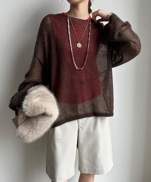 DouDou（ドゥドゥ）の「シアーモヘヤプルオーバー（ニット/セーター・レディース・ライトグレー/グリーンイエロー/サーモンピンク/ブラウン・F）」の2枚目の写真