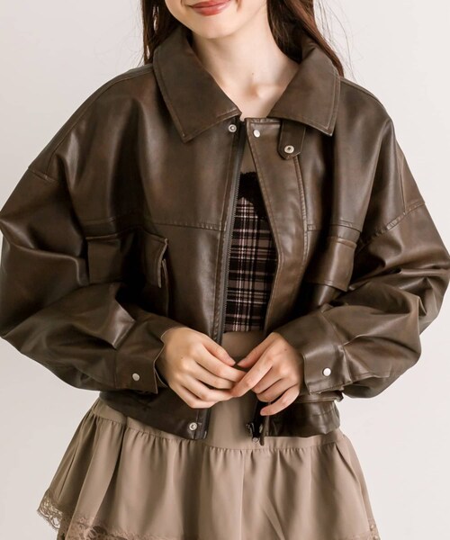 OLIVE des OLIVE ショート丈 ブルゾン エコレザー ジャケット ショート丈エコレザーブルゾン | OLIVE des OLIVE(オリーブ デ