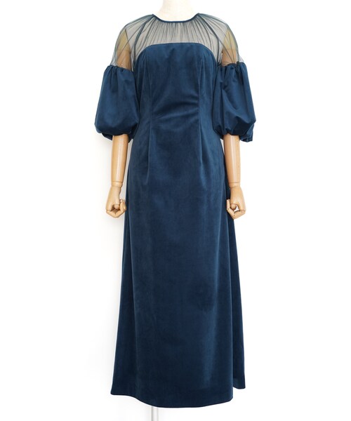 Ameri VINTAGE（アメリ ヴィンテージ）SOUFFLE SLEEVE VELOUR DRESS（ブルー/M）