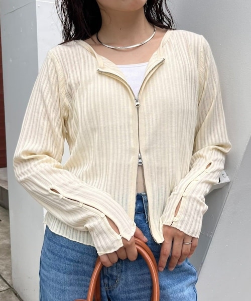 CIAOPANIC TYPY(チャオパニックティピー)の「リブシアーZIPニット(カーディガン/ボレロ・レディース・アイボリー/グレー/ブラック/ブルー・ONE)」の1枚目の写真