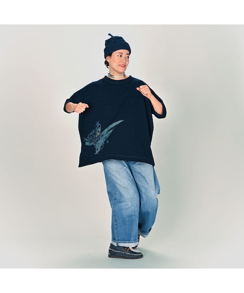 45R 幌馬車プリントのビッグスリットTシャツ (インディゴ)