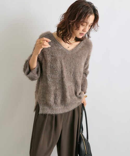 リヴドロワ RIVE DROITE メランジフェザー2WAYニット セーター 長袖 Vネック ナイロン F グレージュ /NR ■OS レディース RIVE DROITE（リヴドロワ）の「予約【前後2WAY】メランジ