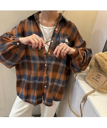 copine | オーバーサイズチェック柄シャツ(ブラウン)(シャツ/ブラウス)