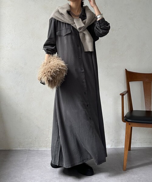 DouDou（ドゥドゥ）の「テンセルロングシャツドレス（シャツワンピース・レディース・ブラウン/チャコールグレー・F）」の2枚目の写真