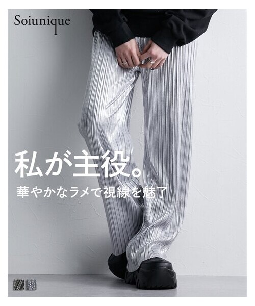 nissen（ニッセン）の「光沢ラメカットプリーツパンツ ［Soiunique］（パンツ・レディース・シルバー/ブラック・M/L）」の2枚目の写真