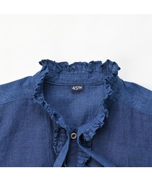 今季45R　藍ダンガリーインドカディのタックフリルボウタイブラウス　45rpm 45R（フォーティファイブアール）の「藍ダンガリーインドカディ