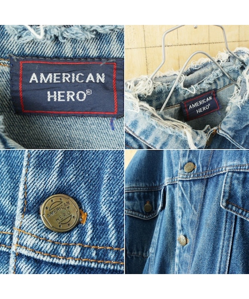 --（--）の「80s 90s USA AMERICAN HERO クラッシュ デニム ジャケット メンズL相当 ブルー アメリカ古着（デニムジャケット・レディース・ブルー・L）」の2枚目の写真