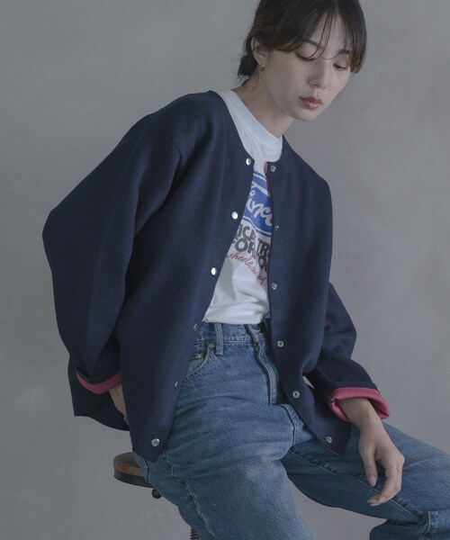 URBAN RESEARCH Sonny Label（アーバンリサーチサニーレーベル）の「ダブルフェイスバイカラーカーディガン（カーディガン/ボレロ・レディース・グレー/ブラウン/ネイビー・Free）」の4枚目の写真