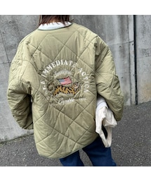 copine | TIGER刺繍キルティングコート(カーキ)(ノーカラーコート)