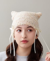 3coins | サテンリボン付きネコ耳ニット帽(ニットキャップ/ビーニー)