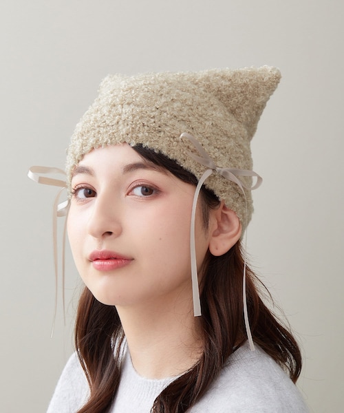 猫耳ニット帽 ハンドメイド【最終価格】 3coins（3coins）の「サテンリボン付きネコ耳ニット帽（ニットキャップ