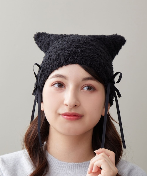 3coins（3coins）の「サテンリボン付きネコ耳ニット帽（ニットキャップ/ビーニー・レディース・その他/ベージュ/ブラック・FREE）」の2枚目の写真