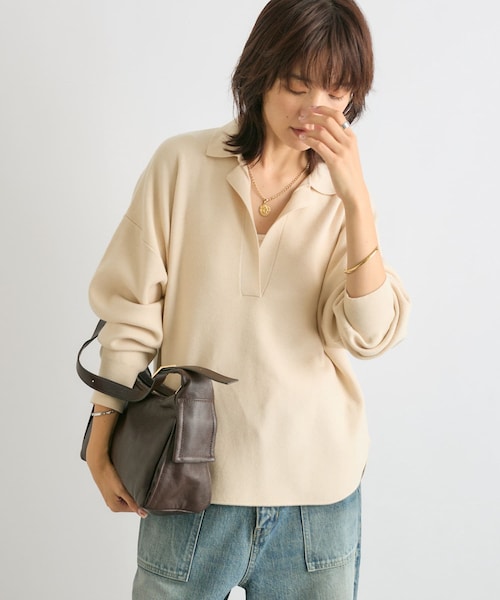 予約【ウォッシャブル】スキッパーポロニット