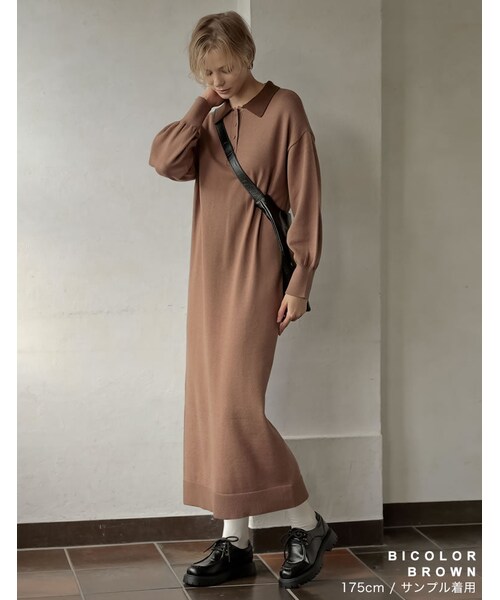 Re:EDIT（リエディ）の「ポロカラーニットワンピース - ワンピース通販 | 人気レディースファッション - Re:EDIT（リエディ）（その他・レディース・ブラック/グレー/配色ブラウン・SC/M/L）」の10枚目の写真