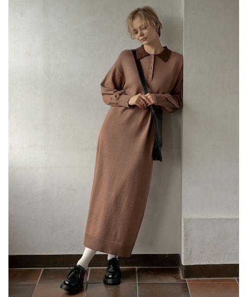 Re:EDIT（リエディ）の「ポロカラーニットワンピース - ワンピース通販 | 人気レディースファッション - Re:EDIT（リエディ）（その他・レディース・ブラック/グレー/配色ブラウン・SC/M/L）」の5枚目の写真