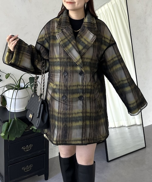 prose verse（プロズヴェール）の「シャギーチェックチュールレイヤードミドルコート（ピーコート・レディース・グレーその他1/ホワイトその他1・M）」の2枚目の写真