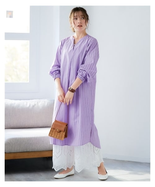 nissen（ニッセン）の「＜大きいサイズ＞スキッパーシャツワンピース（ワンピース・レディース・ブルー系/ラベンダー系/オフホワイト系/マスタード系・L/LL/3L/4L/5L/6L/8L/10L）」の6枚目の写真