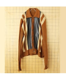 60s 70s USA ラムレザー アクリルニット カーディガン ブラウン メンズML相当 アメリカ古着