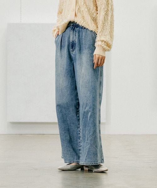 新品　リアクティブデニム・タックワイドパンツ　ブルー　11 リアクティブデニム・タックワイドパンツ/40代50代からの