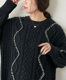 natural couture | 配色ラインゆるケーブルニット(ニット/セーター)