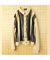 60s 70s USA製 CAMPUS ラムレザー アクリルニット カーディガン ベージュ メンズXL アメリカ古着