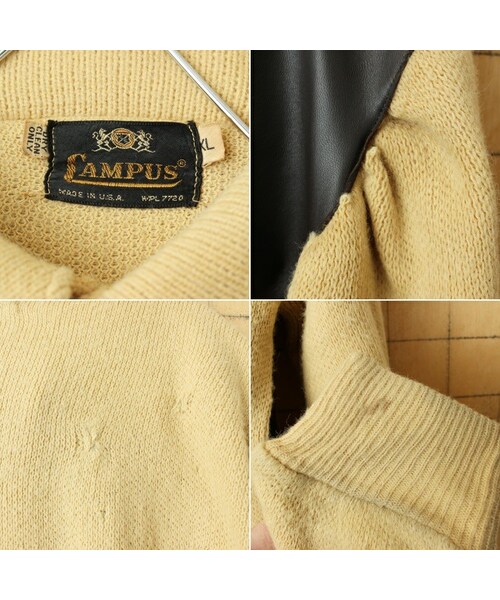 --（--）の「60s 70s USA製 CAMPUS ラムレザー アクリルニット カーディガン ベージュ メンズXL アメリカ古着（カーディガン/ボレロ・レディース・ベージュ・XL）」の2枚目の写真