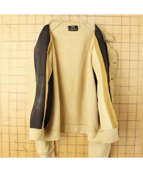 --（--）の「60s 70s USA製 CAMPUS ラムレザー アクリルニット カーディガン ベージュ メンズXL アメリカ古着（カーディガン/ボレロ・レディース・ベージュ・XL）」の4枚目の写真
