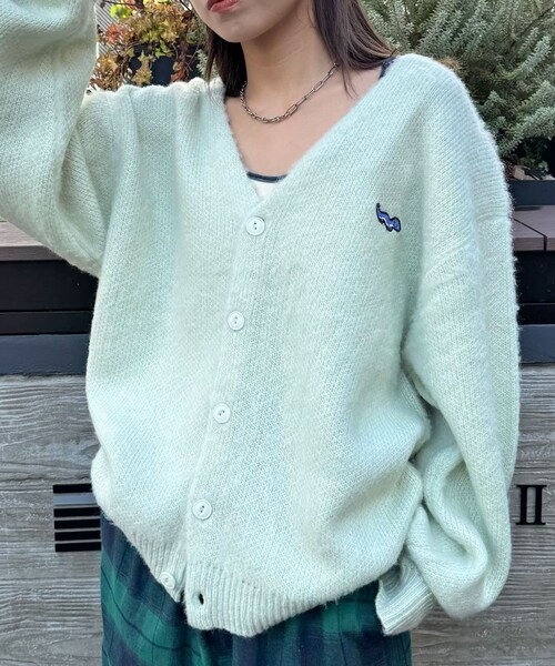 ワンポイント刺繡シャギーニットカーディガン